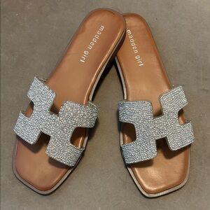 Madden Girl Glittery Silver & Pearl Slide Sandals